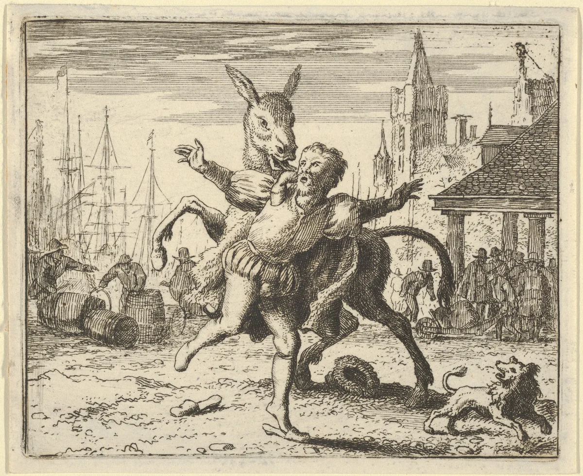 The Ass, Jealous of the Attention the Dog Is Getting From His Master, Looks to Imitate Him by Jumping at the Master's Neck from Hendrick van Alcmar's Renard The Fox by Allart van Everdingen, print, 1650-1675