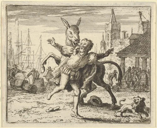 The Ass, Jealous of the Attention the Dog Is Getting From His Master, Looks to Imitate Him by Jumping at the Master's Neck from Hendrick van Alcmar's Renard The Fox by Allart van Everdingen, print, 1650-1675