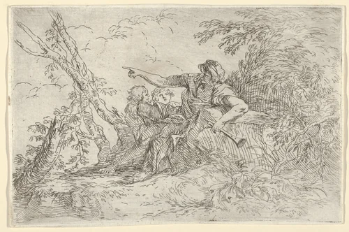 Shepherd holding a flute and two other figures in a landscape by Salvator Rosa, print, 1655-1666