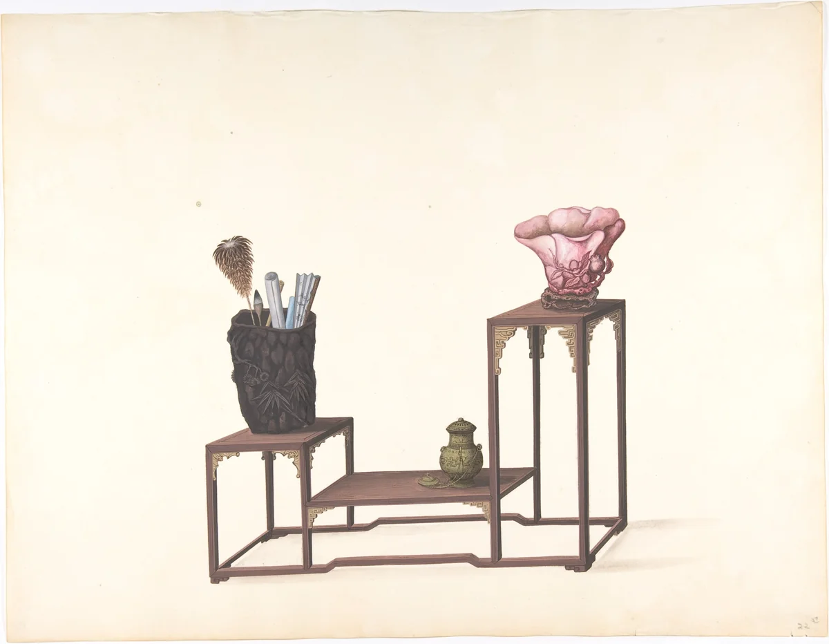Table with Three Levels with Ornamental Objects by anonymous, drawing, 1800-1900