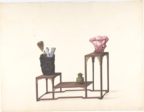 Table with Three Levels with Ornamental Objects by anonymous, drawing, 1800-1900