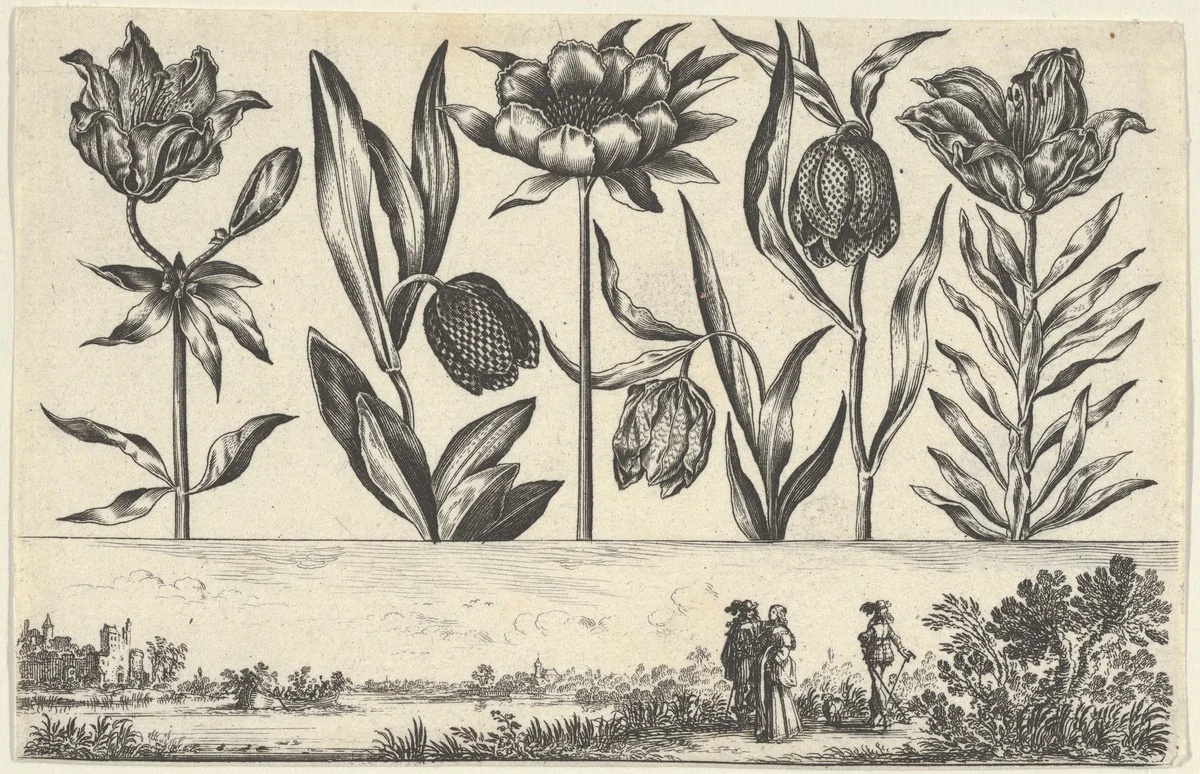 Horizontal Panel with a Row of Flowers Above a Frieze with Figures in a Landscape, from "Livre Nouveau de Fleurs Tres-Util" by Nicolas Cochin, print, 1645