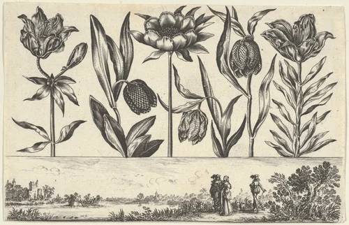 Horizontal Panel with a Row of Flowers Above a Frieze with Figures in a Landscape, from "Livre Nouveau de Fleurs Tres-Util" by Nicolas Cochin, print, 1645