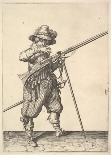 A soldier blowing on a match, from the Musketeers series, plate 40, in "Wapenhandelinghe van Roers Musquetten Ende Spiessen" (The Exercise of Arms) by Jacques de Gheyn II, print, 1575-1629