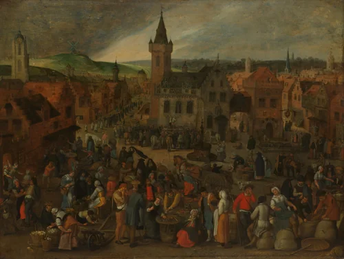 Market Day in a Flemish Town by Sebastiaen Vrancx, painting, 1600-1647