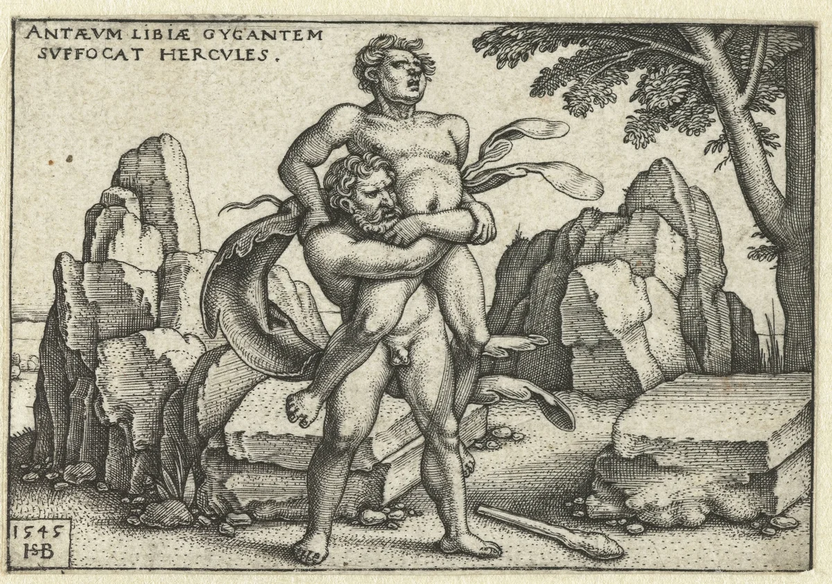 Hercules worstelt met Antaeus by Unknown, print, 1545