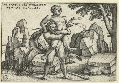 Hercules worstelt met Antaeus by Unknown, print, 1545