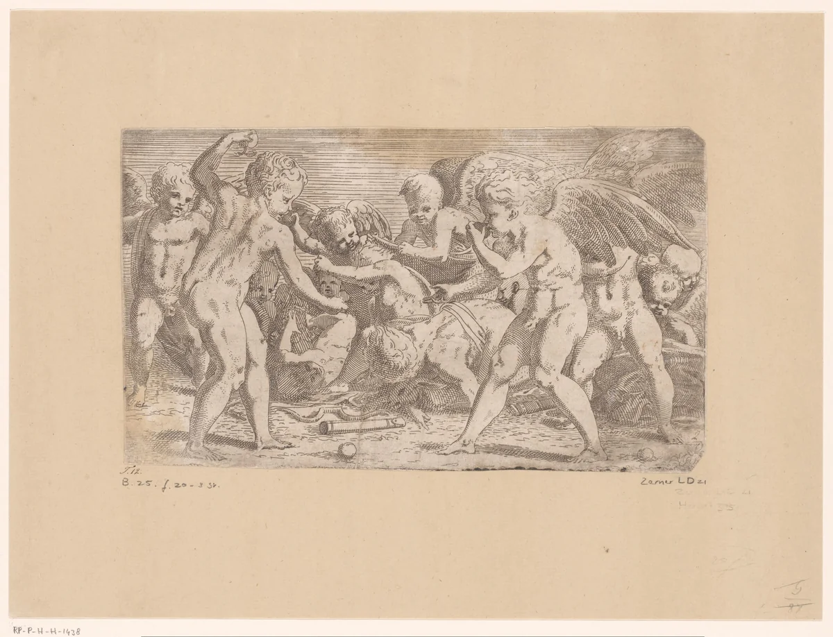 Eros en Anteros by Léon Davent, print, 1540-1556