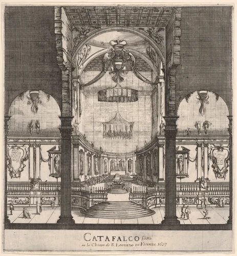 The tomb of Ferdinand II at center in the background within the choir of the church, three arches in center foreground, Austrian coat of arms hung in center arch, from "Ceremonies for the Funeral of Emperor Ferdinand II" (Funérailles de l'empereur Ferdinand II) by Stefano della Bella, print, 1637
