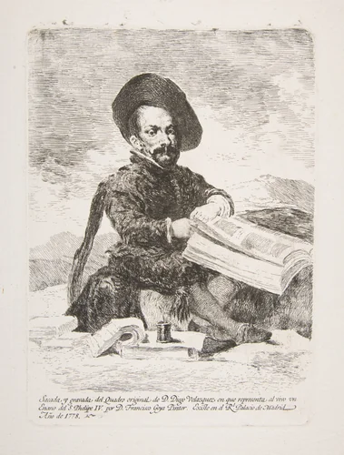 Portrait of the court dwarf El Primo, after Velázquez by Goya, print, 1778