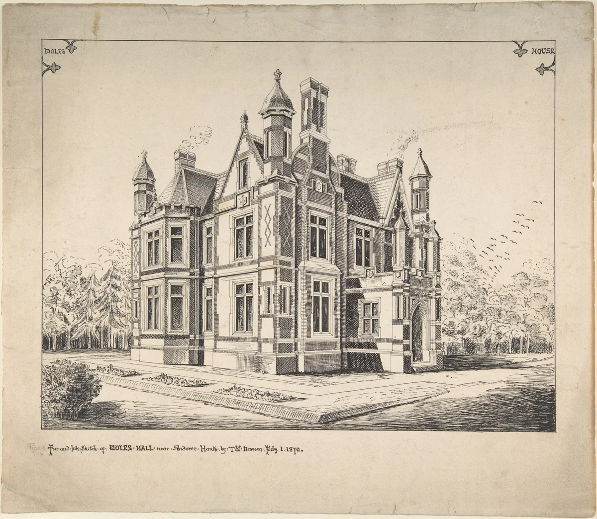 Perspective elevation, Poles Hall, near Andover, Hampshire by T. W. Dawson, drawing, 1870