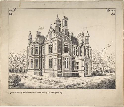 Perspective elevation, Poles Hall, near Andover, Hampshire by T. W. Dawson, drawing, 1870