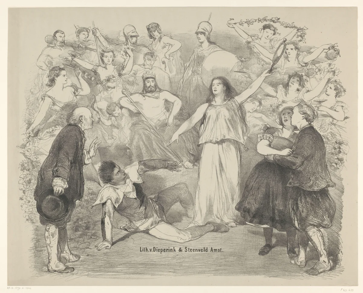 Scène uit het toneelstuk Waarheid en Leugen by Charles Rochussen, print, 1859-1864