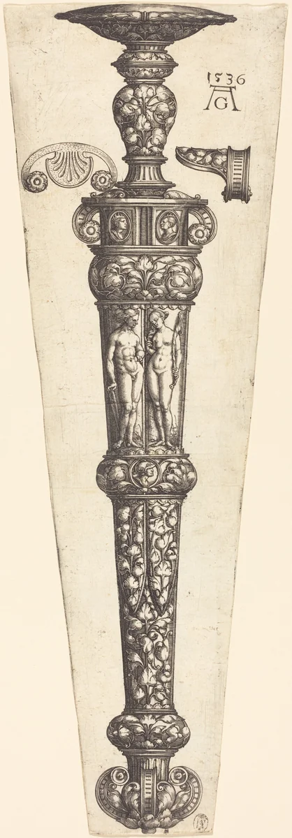 Large Dagger Sheath with Nude Couple by Heinrich Aldegrever, print, 1536