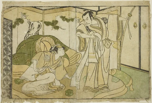 The Actors Nakamura Nakazo I as Taira no Kiyomori (right), and Yamashita Kinsaku II as Tokiwa Gozen (left), in the Play Nue no Mori Ichiyo no Mato, Performed at the Nakamura Theater in the Eleventh Month, 1770 by Katsukawa Shunsho (勝川 春章), print, 1767-1777