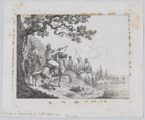Cossacks riding along a riverbank by Friedrich August de La Belle, print, 1814