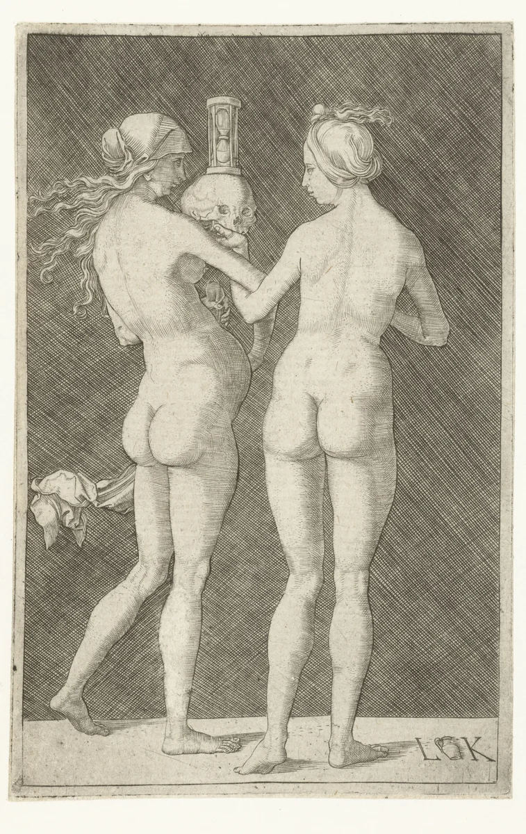 Twee naakte vrouwen met schedel en zandloper by Unknown, print, 1500-1532