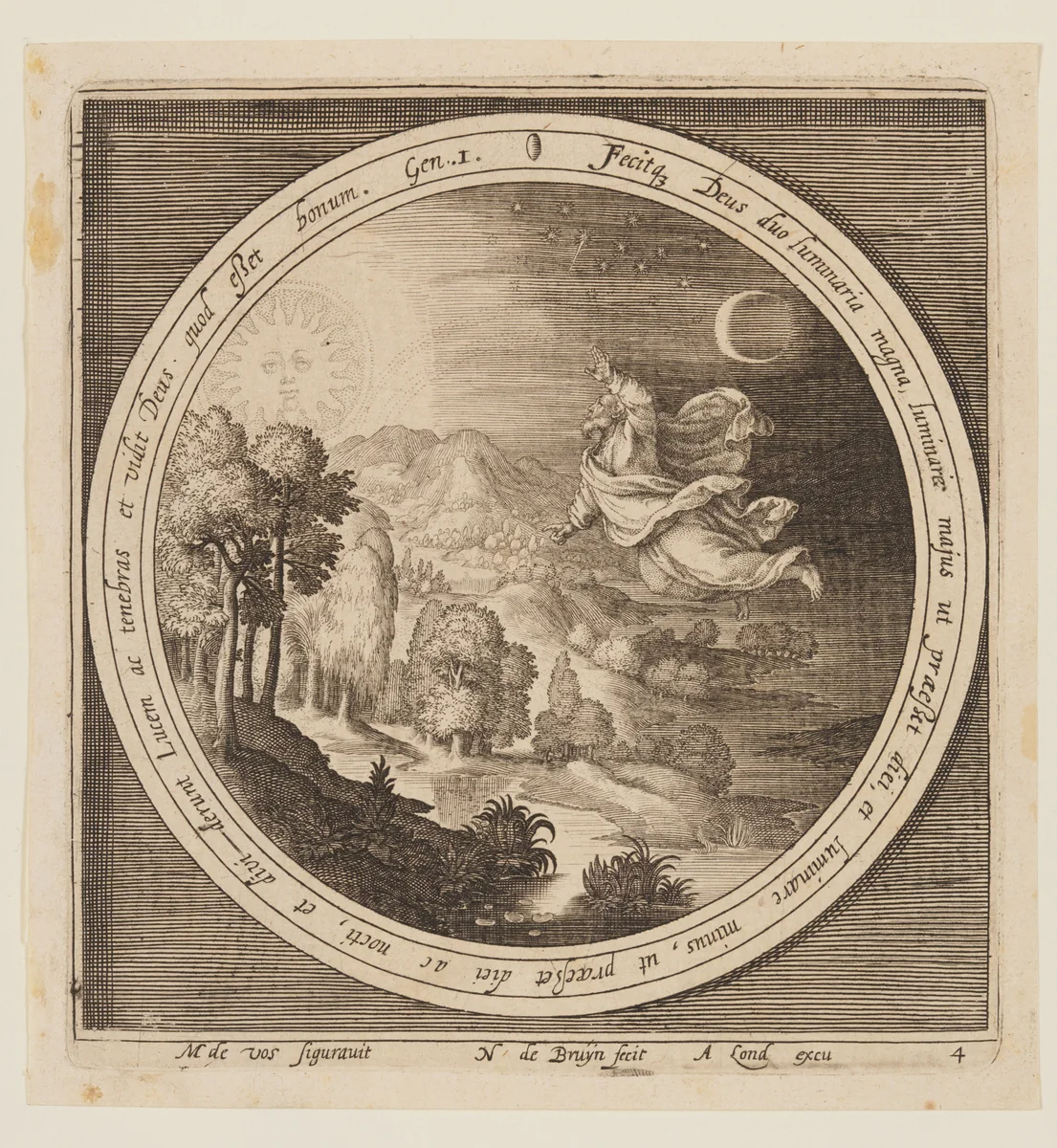 Fourth Day: The Creation of the Sun, Moon, and Stars, from The Creation to the Expulsion from Paradise by Nicolaes de Bruyn, print, 1605-1615