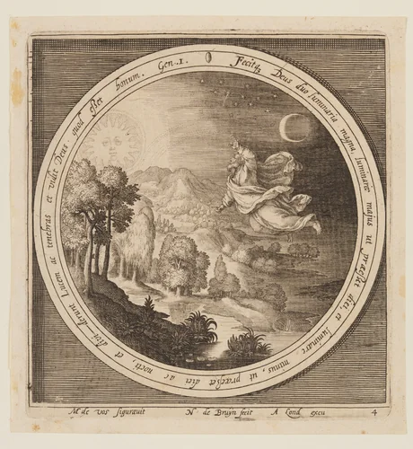Fourth Day: The Creation of the Sun, Moon, and Stars, from The Creation to the Expulsion from Paradise by Nicolaes de Bruyn, print, 1605-1615