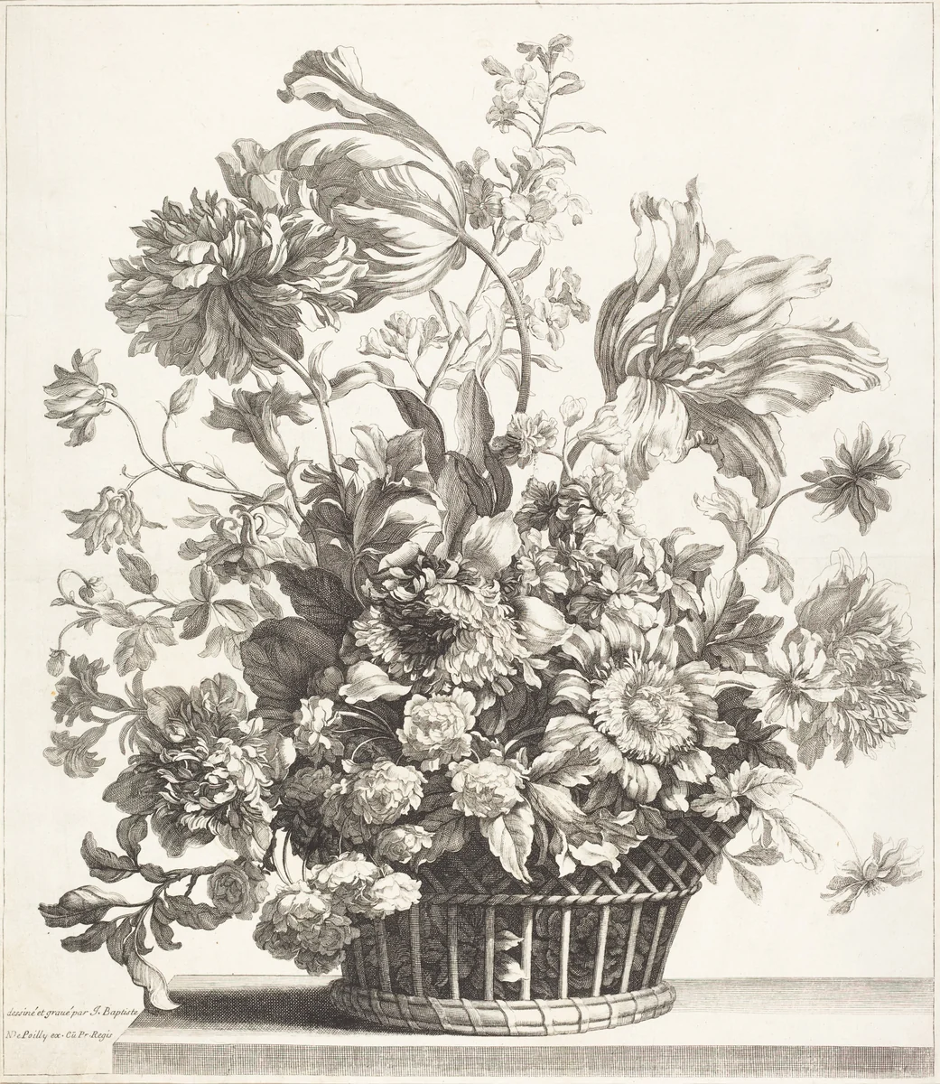 A Basket of Spring Flowers by Jean Baptiste Monnoyer, print, 1680