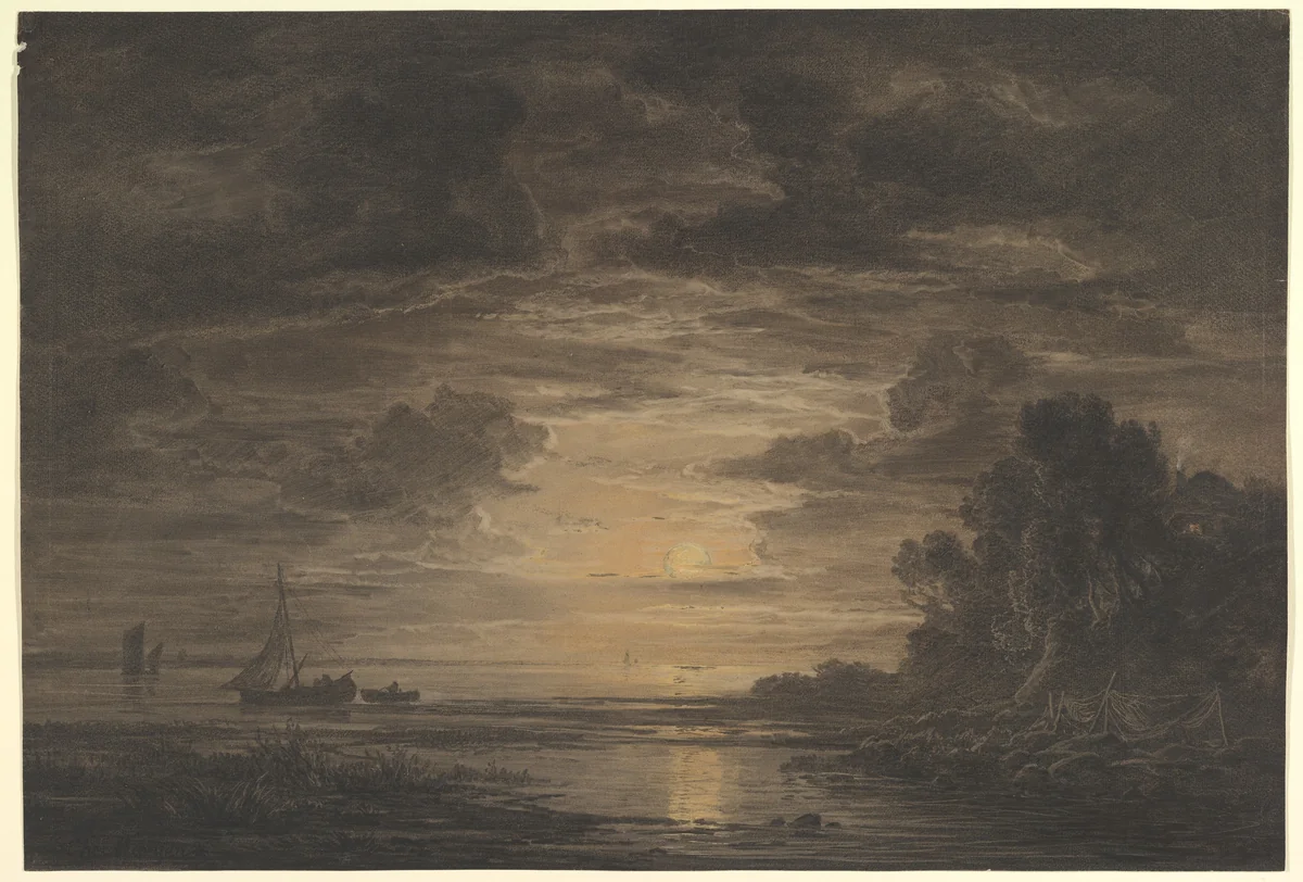 The River Elbe Downstream of Hamburg by Moonlight by Christian Ernst Morgenstern, drawing, 1823-1833