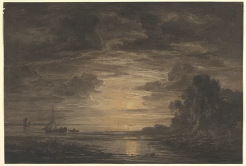 The River Elbe Downstream of Hamburg by Moonlight by Christian Ernst Morgenstern, drawing, 1823-1833