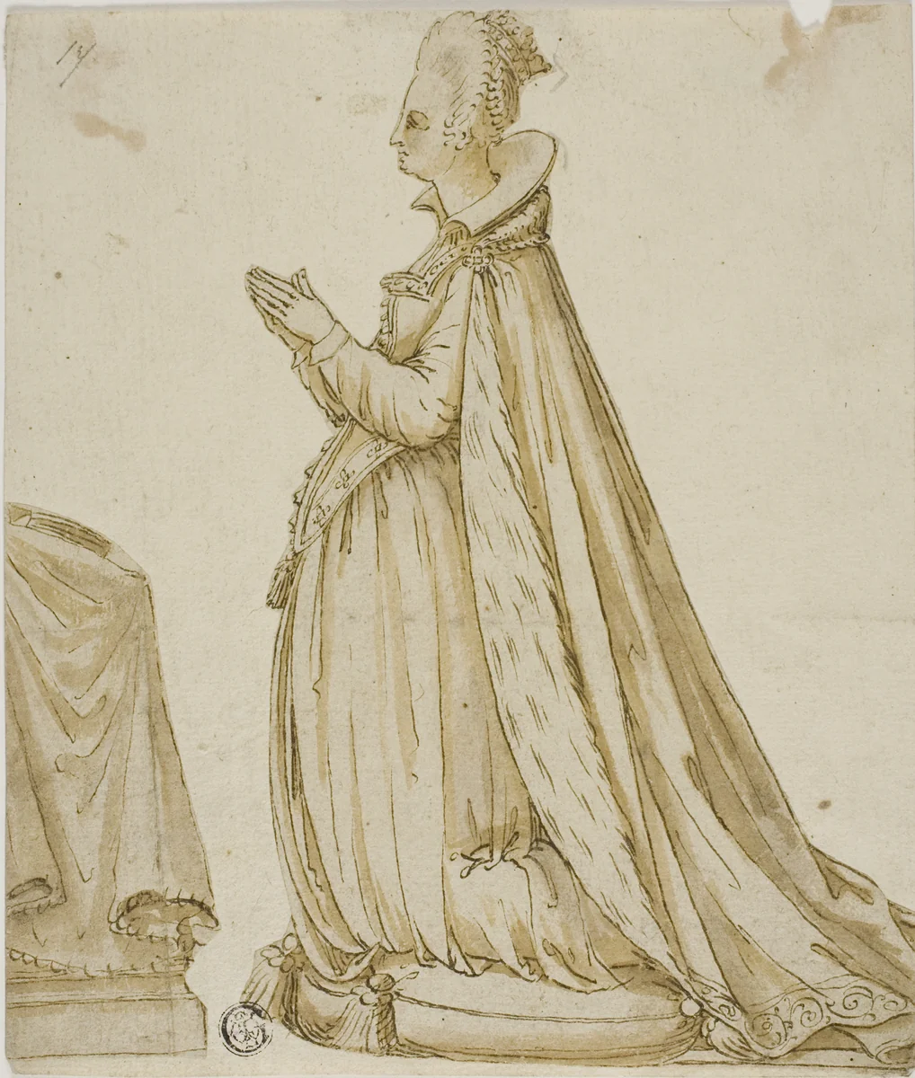 Lady Before a Prie-Dieu by Leone Leoni, drawing, 1529-1590