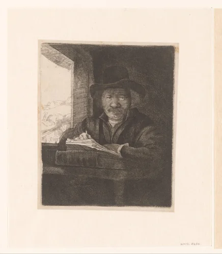 Self-portrait etching at a window by anonymous, print, 1648