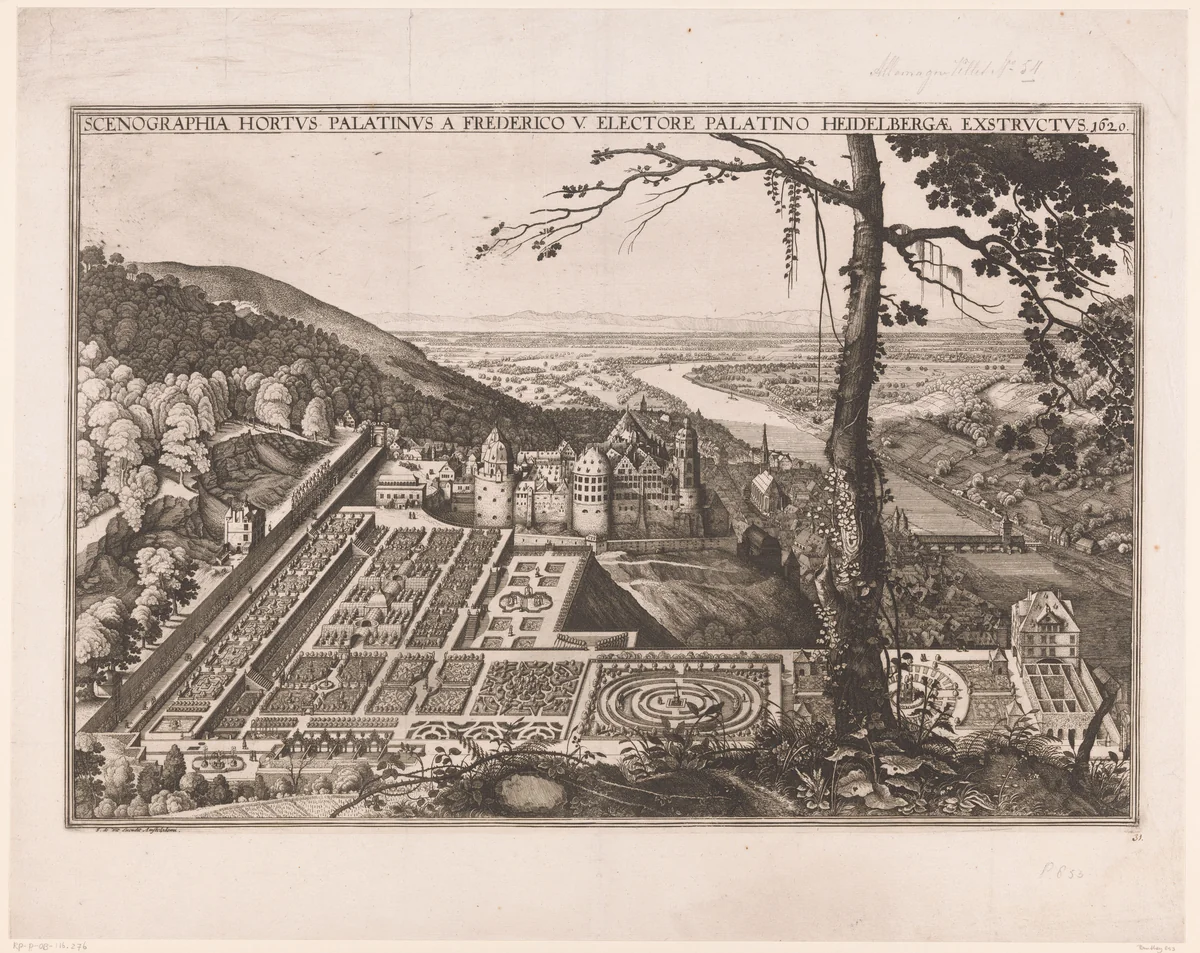 Gezicht op Heidelberg by Wenceslaus Hollar, print, 1695-1700