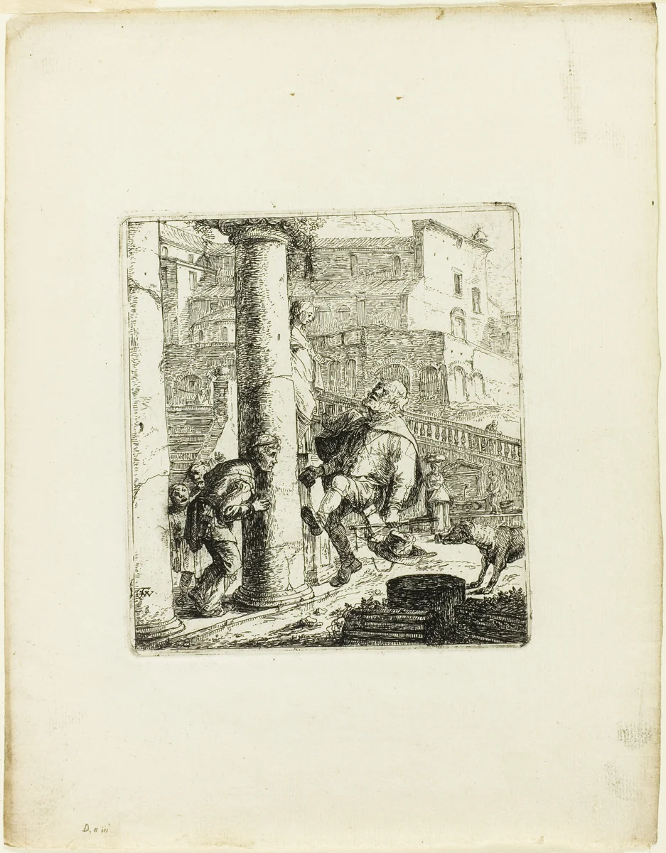 The Blind Beggar Tricked by Lazarillo by Thomas Wyck, print, 1636-1677