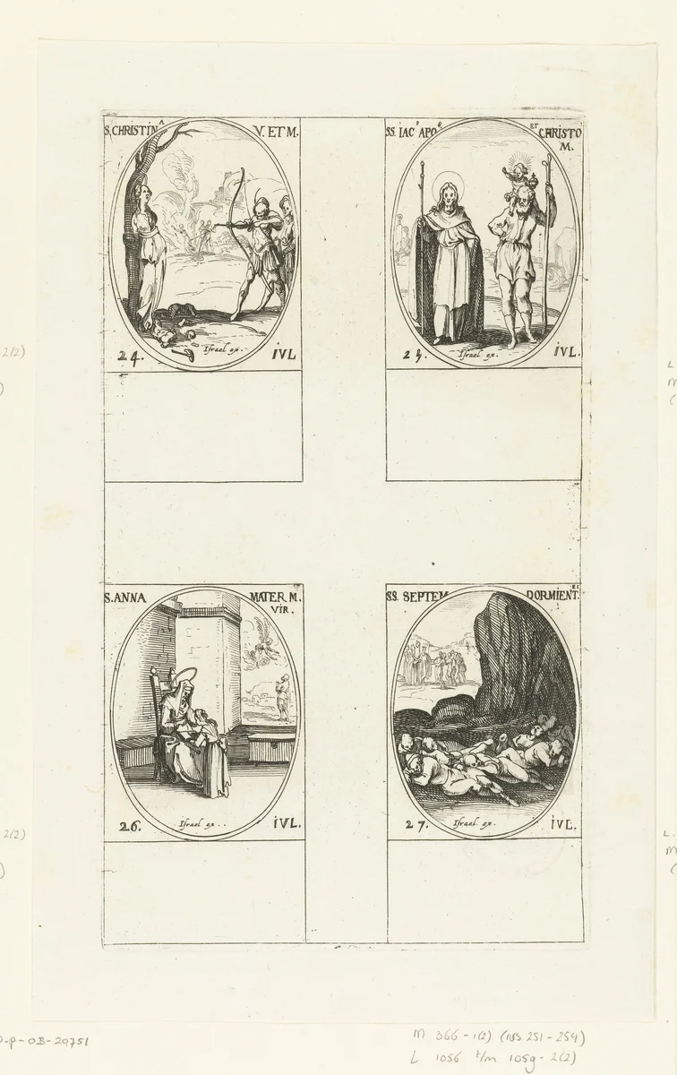 Heilige Christina van Bolsena, Heilige Jakobus de Meerdere en de Heilige Christoffel, Heilige Anna, Heilige Zeven slapers van Efeze (24-27 juli) by Jacques Callot, print, 1632-1636