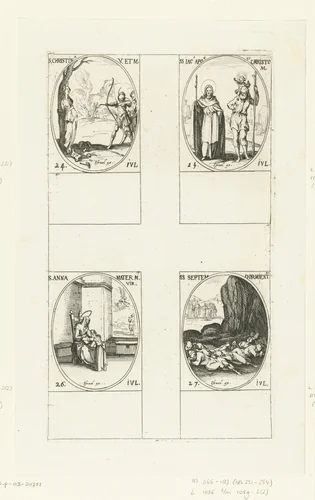 Heilige Christina van Bolsena, Heilige Jakobus de Meerdere en de Heilige Christoffel, Heilige Anna, Heilige Zeven slapers van Efeze (24-27 juli) by Jacques Callot, print, 1632-1636