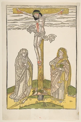 Christ on the Cross with the Virgin and Saint John by anonymous, print, 1400-1499