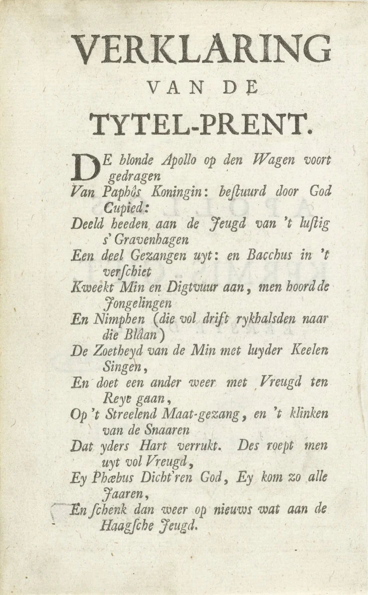 Tekstblad behorende bij: Apollo's kermis-gift, deel 1, 1743 by Jan van den Bergh, other, 1743