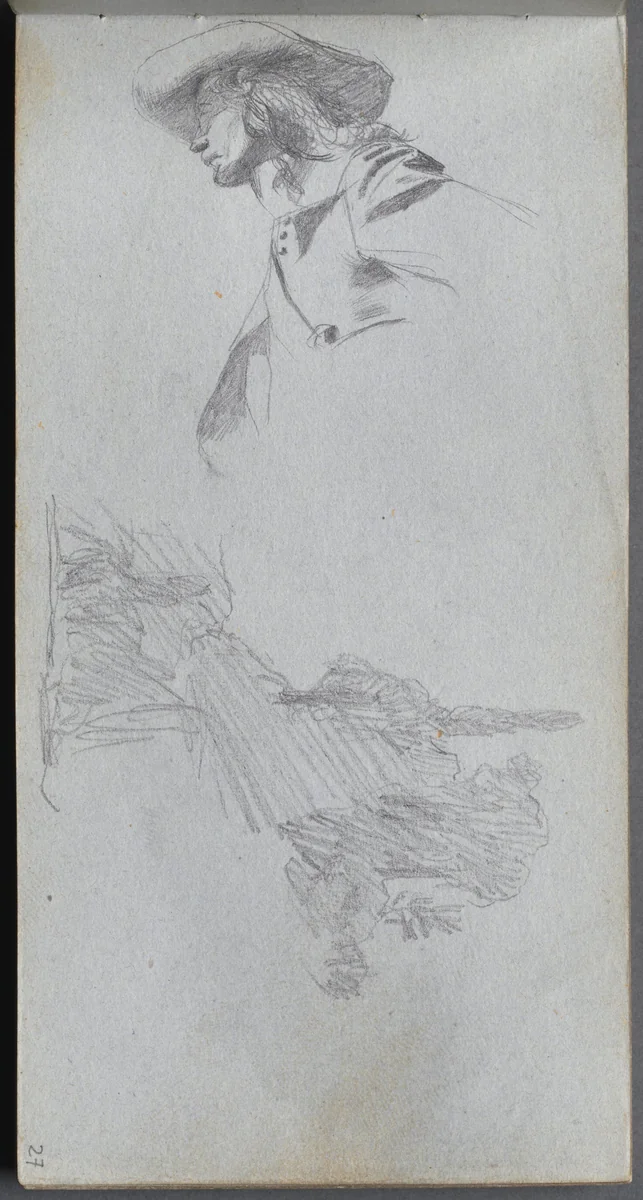 Sketchbook, page 27: Detail Study for " On a Terrace" and Landscape Study by Ernest Meissonier, book, 1860-1869