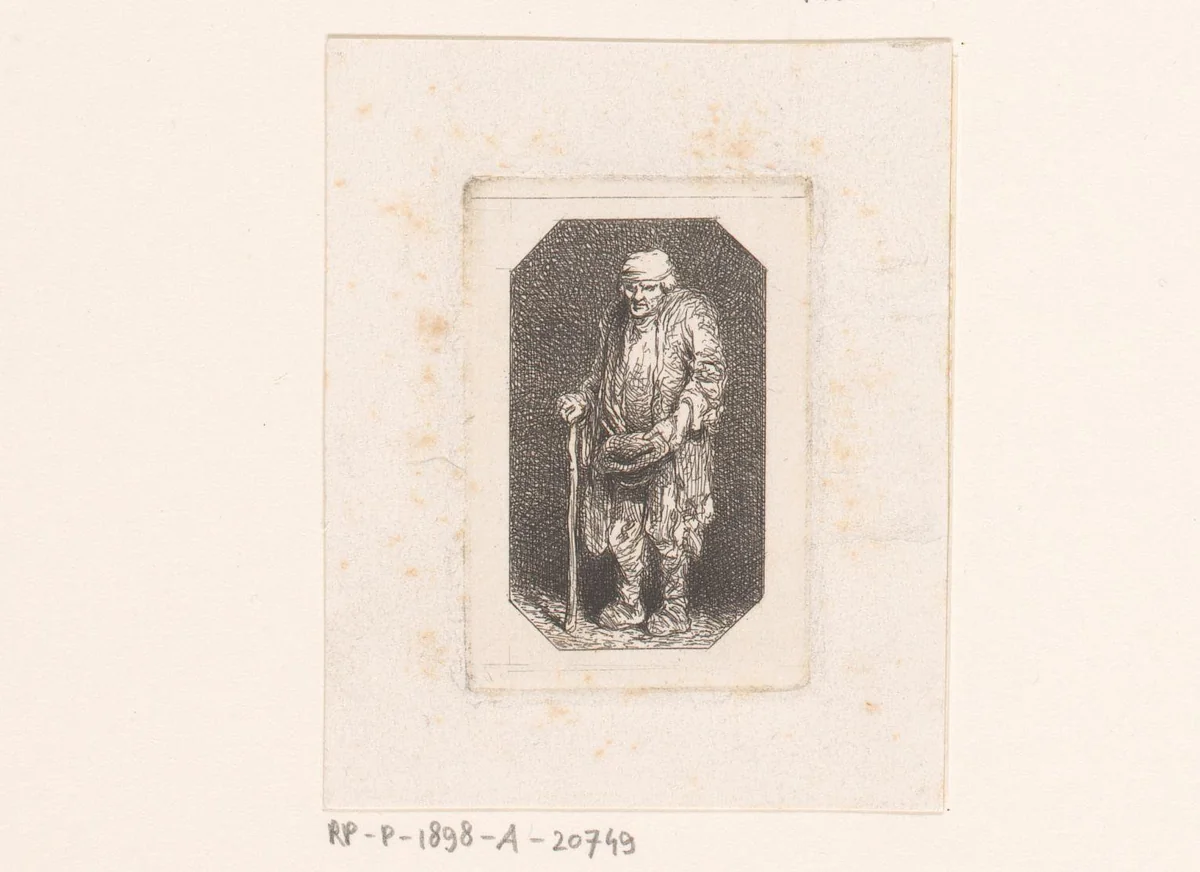 Bedelaar met opgehouden hoed en wandelstok by Charles Emile Jacque, print, 1844