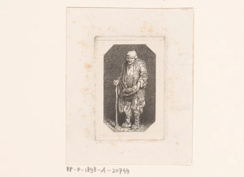 Bedelaar met opgehouden hoed en wandelstok by Charles Emile Jacque, print, 1844