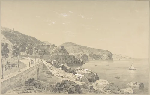 View of the Coast of Sorrento Near Vico by Carl Wilhelm Goetzloff, drawing, 1800-1866