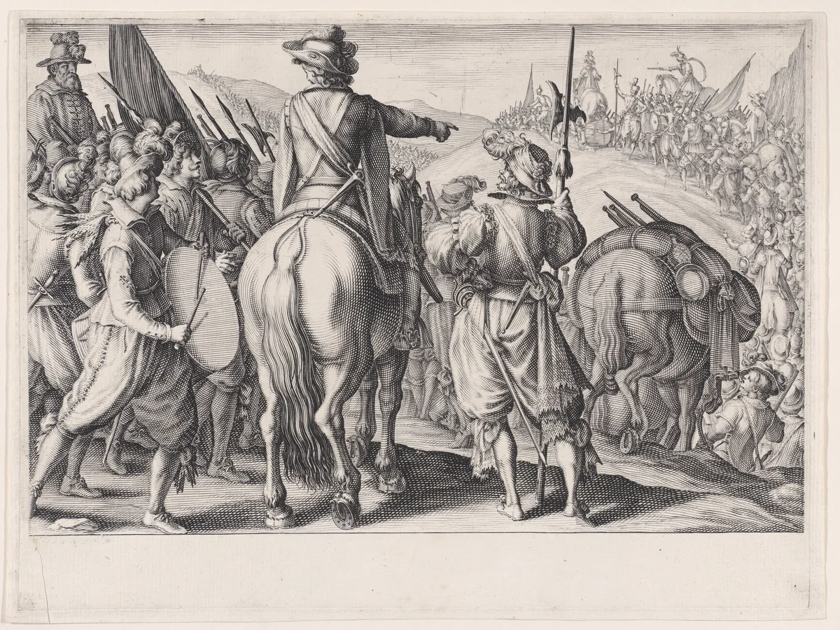 Les Troupes en Marche (The Marching Troops), from "La Vie de Ferdinand Ier de Médicis série appelée aussi Les Batailles des Médicis" (The Life of Ferdinand I de'Medici also called The Medici Battles) by Jacques Callot, print, 1614-1620