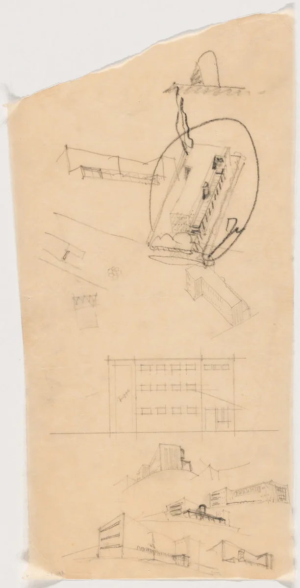 Library and Office Building of Salman Schocken, Jerusalem, Israel, Perspectives and elevation by Erich Mendelsohn, architecture