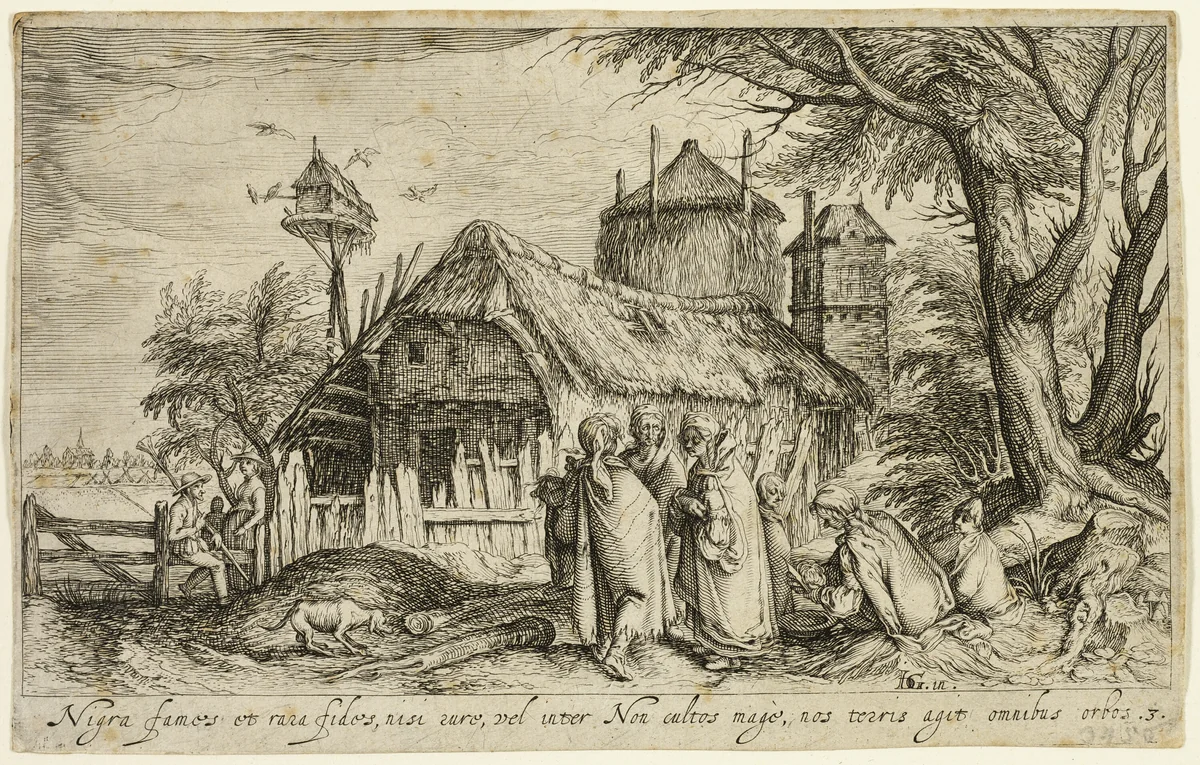 Landscape with Gypsy Women Near a Farm Building by Andries Stock, print, 1600-1620