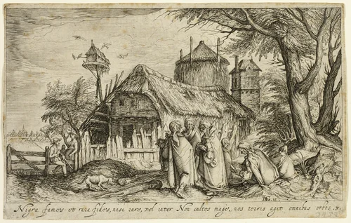 Landscape with Gypsy Women Near a Farm Building by Andries Stock, print, 1600-1620