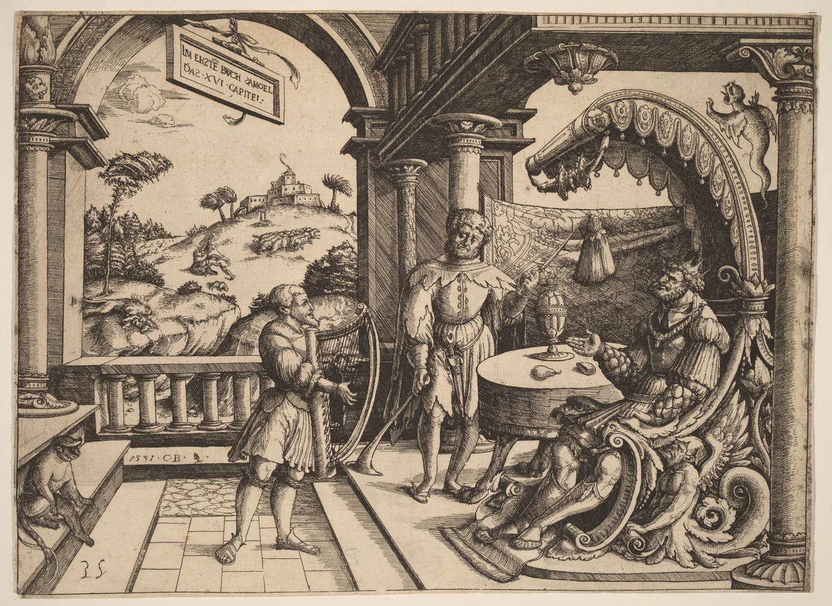 David Playing the Harp before Saul by Christoph Bockstorfer; David Funck, print, 1531