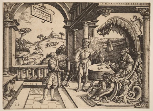 David Playing the Harp before Saul by Christoph Bockstorfer; David Funck, print, 1531