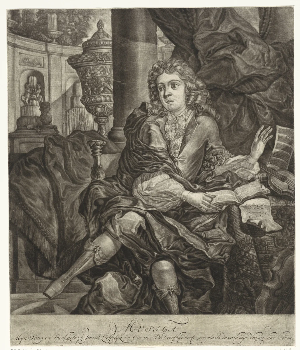Jonge man met muziekinstrumenten by Arnoud van Halen, print, 1683-1732