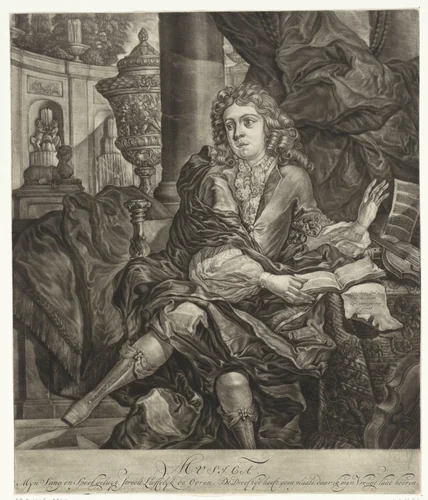 Jonge man met muziekinstrumenten by Arnoud van Halen, print, 1683-1732