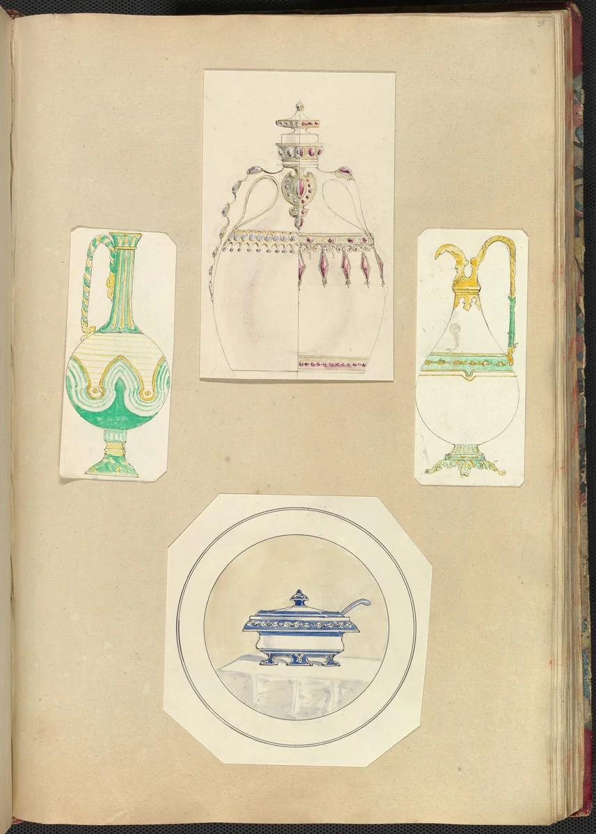 Designs for Two Ewers, a Carafe (two alternate designs), and a Covered Tureen by Alfred Forrester, drawing, 1845-1855