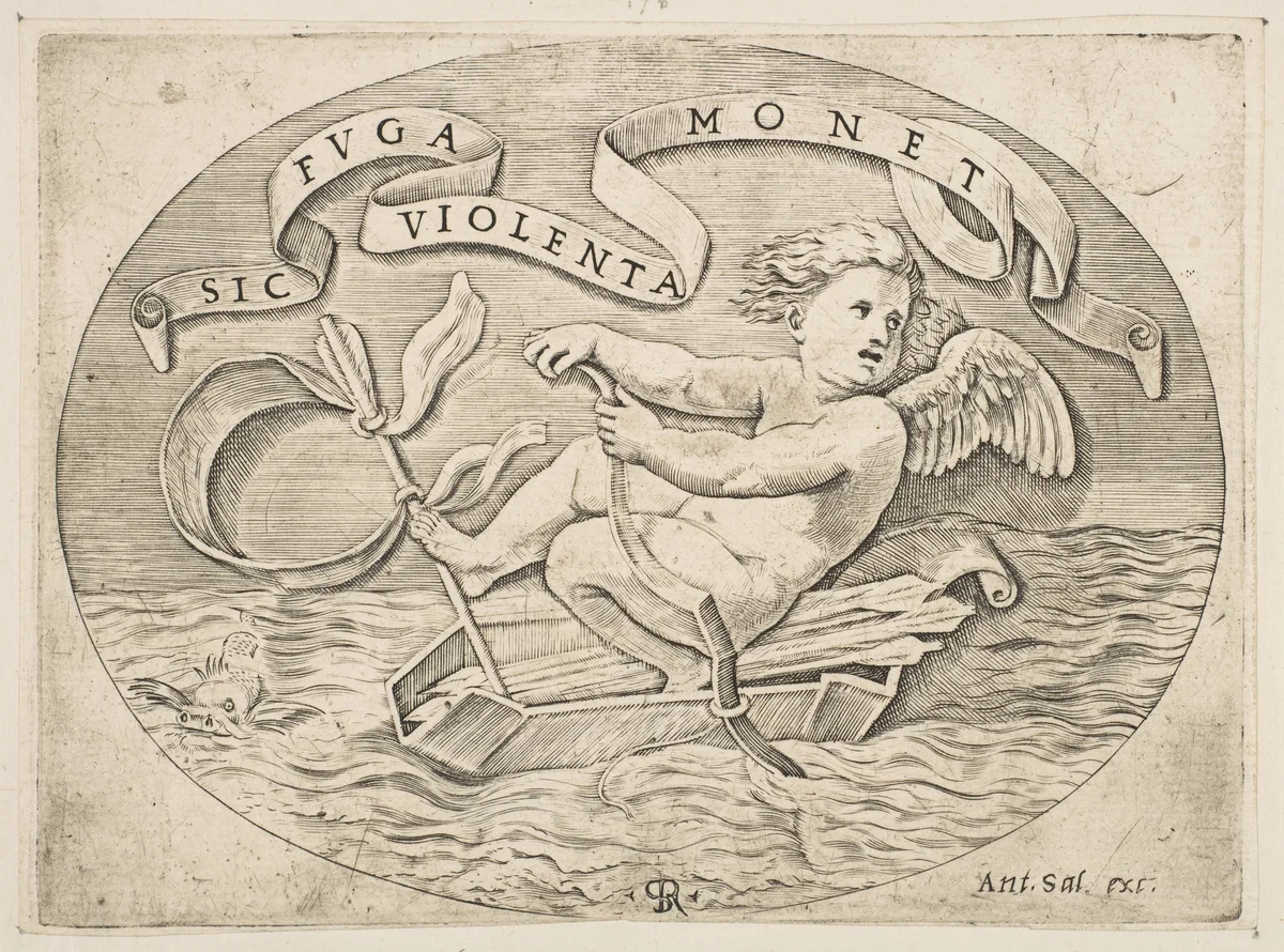 Eros Escaping by Sea; Cupid using his bow to propel a boat made from his quiver with an arrow as the mast and his blindfold as the sail, a banderole above by Marco Dente, print, 1510-1532