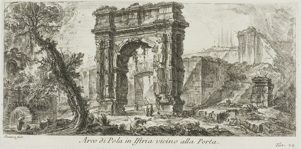 Arch of Pola in Istria near the Gate, plate 24 from Some Views of Triumphal Arches and other monuments by Giovanni Battista Piranesi, print, 1748
