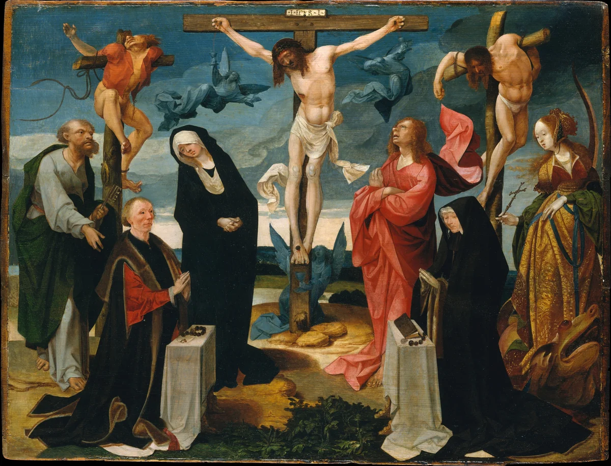 The Crucifixion with Donors and Saints Peter and Margaret of Antioch by Cornelis Engebrechtsz, painting, 1525-1530
